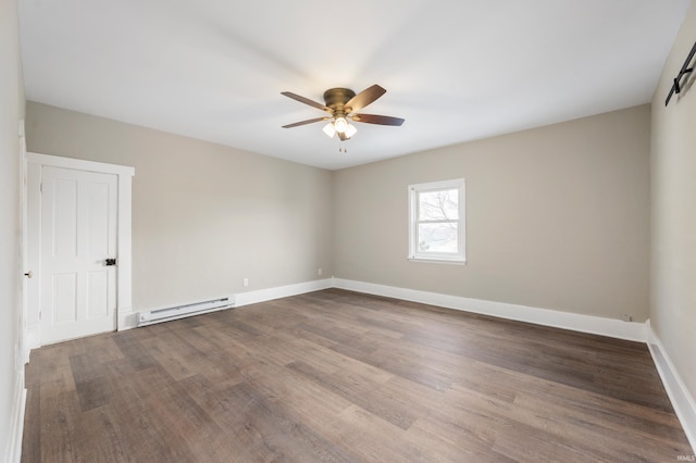 spare room with dark hardwood / wood-style flooring, ceiling fan, and baseboard heating