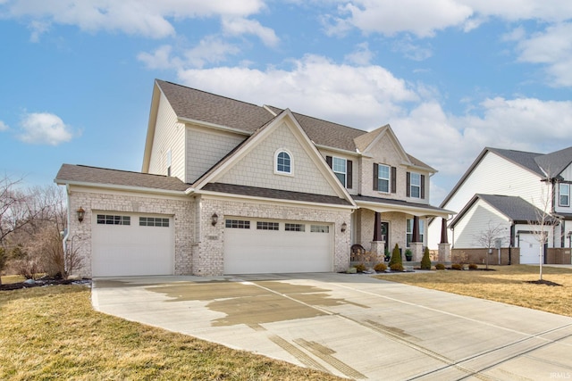 view of front of property with a garage, a front yard, and a porch