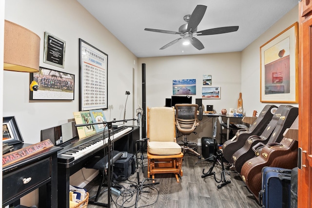 office space featuring hardwood / wood-style flooring and ceiling fan