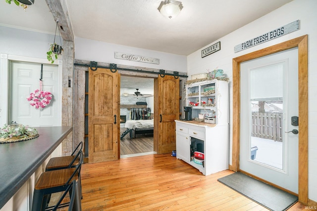 interior space featuring light hardwood / wood-style floors and a barn door