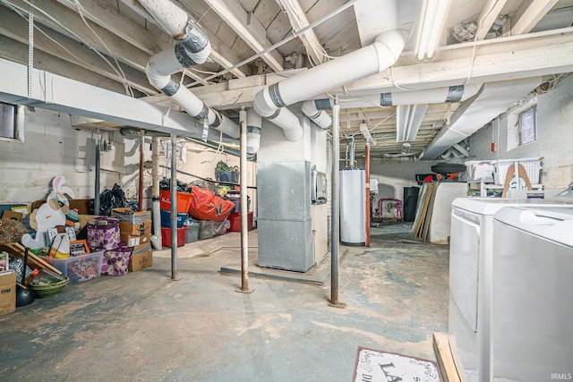 basement featuring separate washer and dryer, heating unit, and water heater