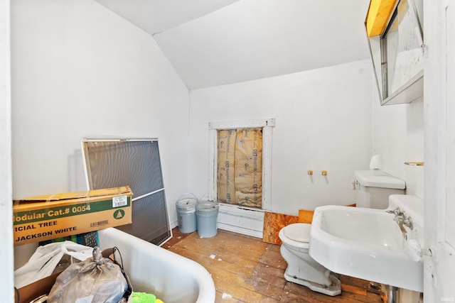 bathroom featuring lofted ceiling, toilet, sink, and wood-type flooring