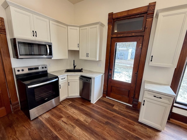 kitchen with dark wood-type flooring, stainless steel appliances, a sink, and light countertops