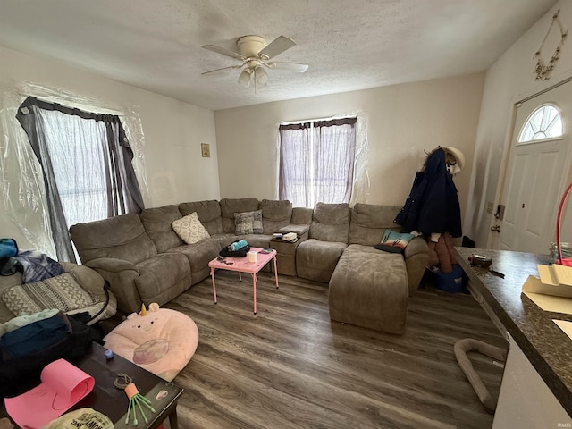 living room with ceiling fan, dark hardwood / wood-style flooring, and a textured ceiling