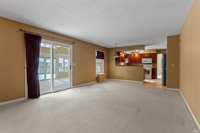 unfurnished living room with a textured ceiling and light carpet