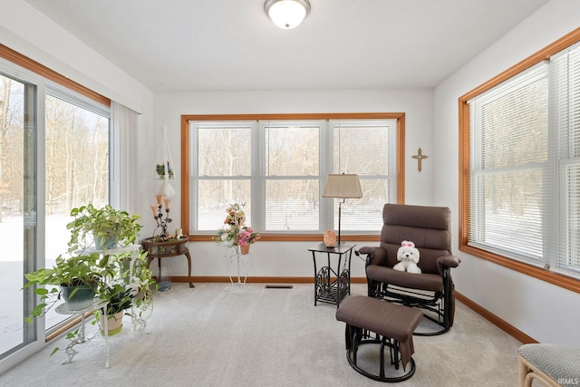 living area with light colored carpet