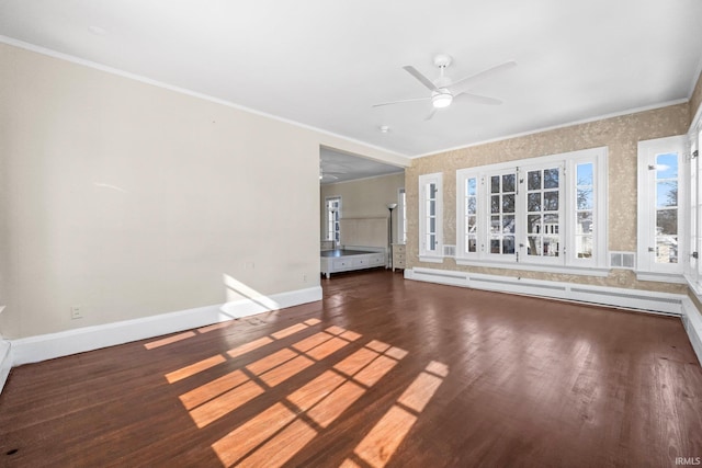 interior space featuring dark hardwood / wood-style flooring, ceiling fan, crown molding, and a baseboard radiator