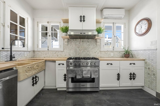 kitchen featuring ventilation hood, stainless steel appliances, and white cabinets