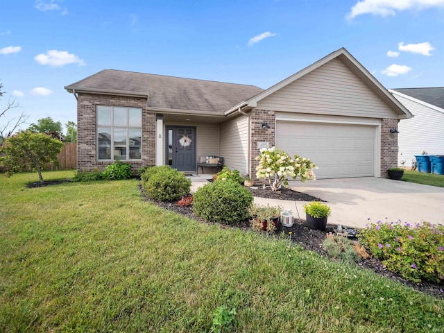 ranch-style house with a garage and a front lawn