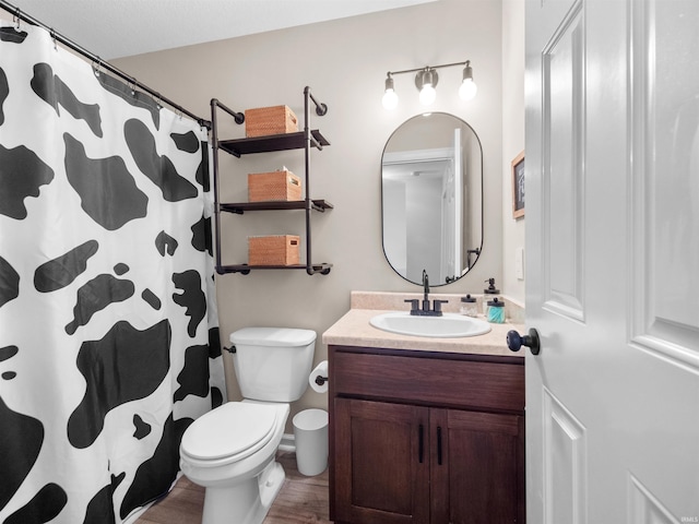 bathroom featuring toilet, vanity, and hardwood / wood-style floors