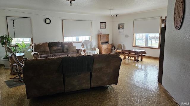 living room with a textured ceiling