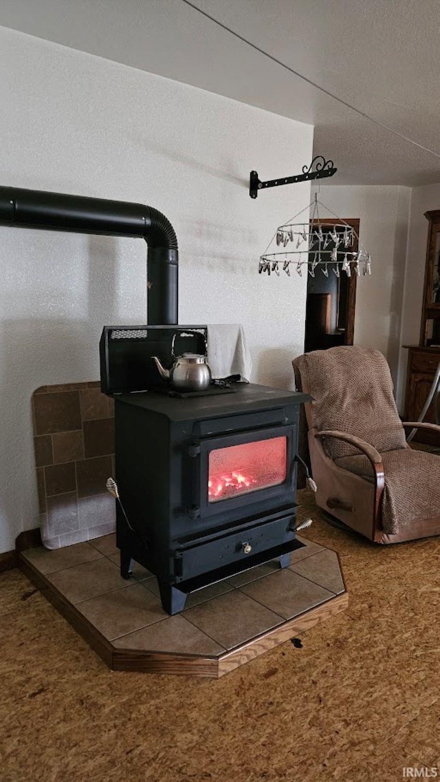 interior details featuring a wood stove