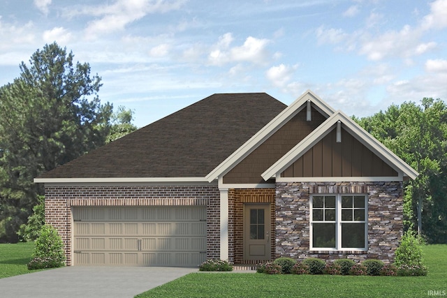 craftsman-style home featuring a garage, driveway, a front yard, board and batten siding, and brick siding