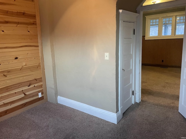 spare room with carpet flooring and wood walls