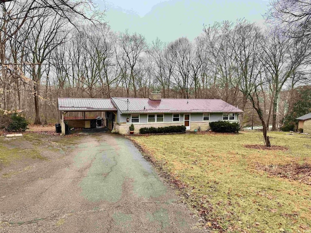 ranch-style house featuring a carport and a front yard