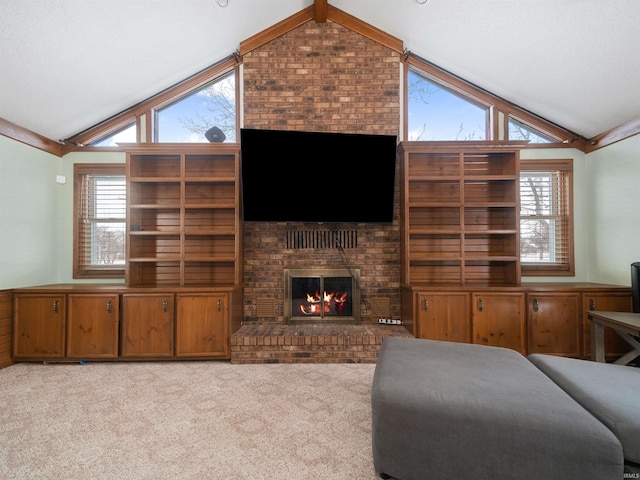 living room featuring lofted ceiling and light carpet