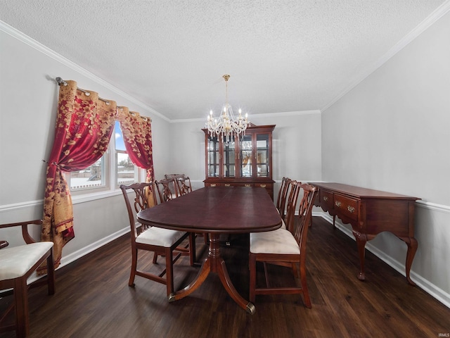 dining room with a chandelier, baseboards, dark wood finished floors, and crown molding