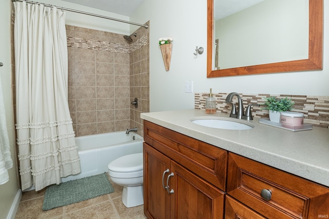 bathroom featuring shower / tub combo with curtain, toilet, tasteful backsplash, and vanity