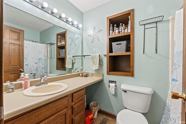 full bathroom with baseboards, vanity, toilet, and visible vents