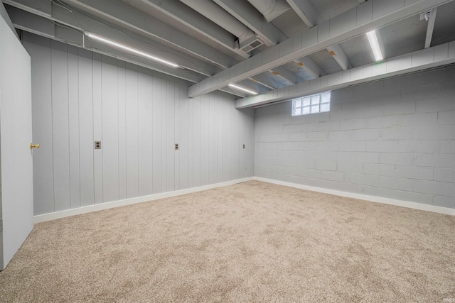 below grade area featuring carpet floors and concrete block wall