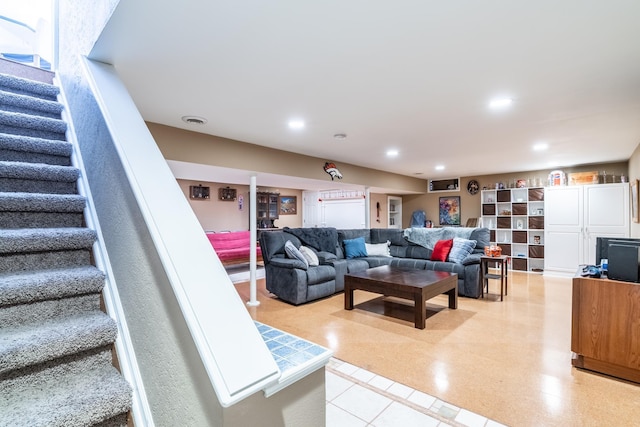 living area featuring stairs, light floors, visible vents, and recessed lighting