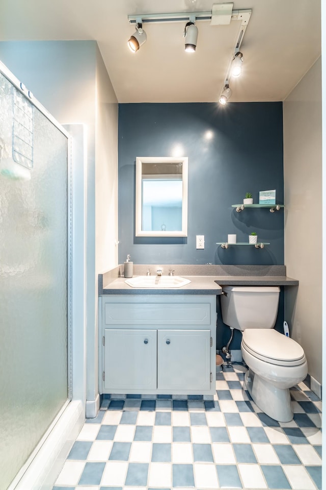 full bathroom with a stall shower, toilet, and tile patterned floors