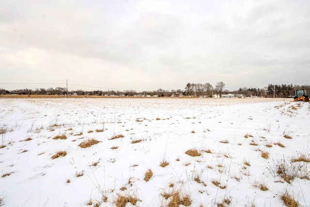 yard layered in snow with a garage and a rural view