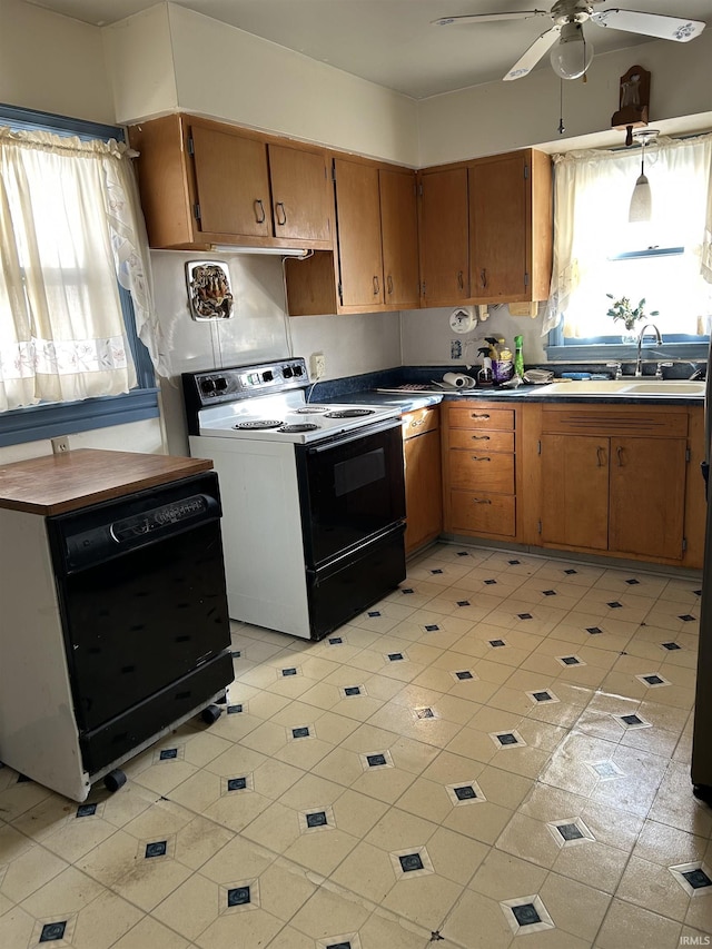 kitchen featuring electric range, a sink, a wealth of natural light, brown cabinets, and dishwasher