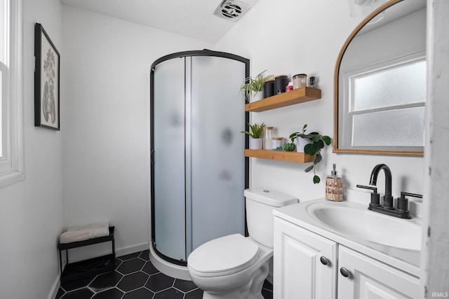 full bath with toilet, visible vents, vanity, a shower stall, and tile patterned floors