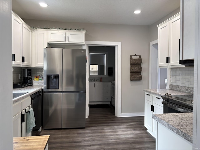 kitchen with light countertops, range with electric cooktop, stainless steel refrigerator with ice dispenser, and white cabinetry