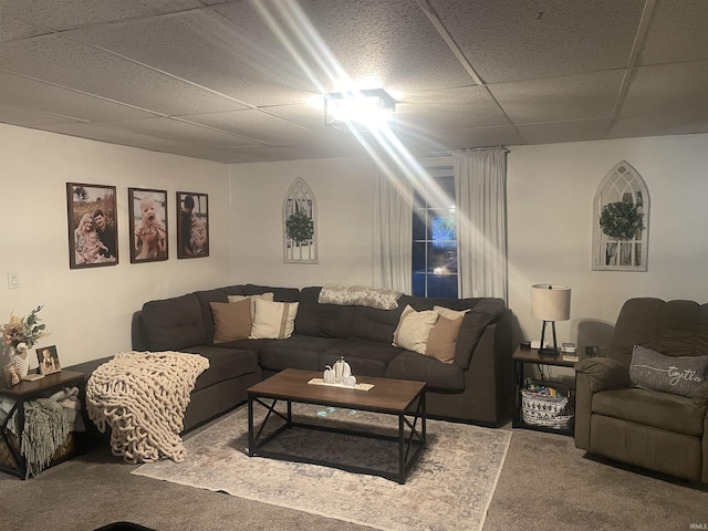 carpeted living area featuring a drop ceiling