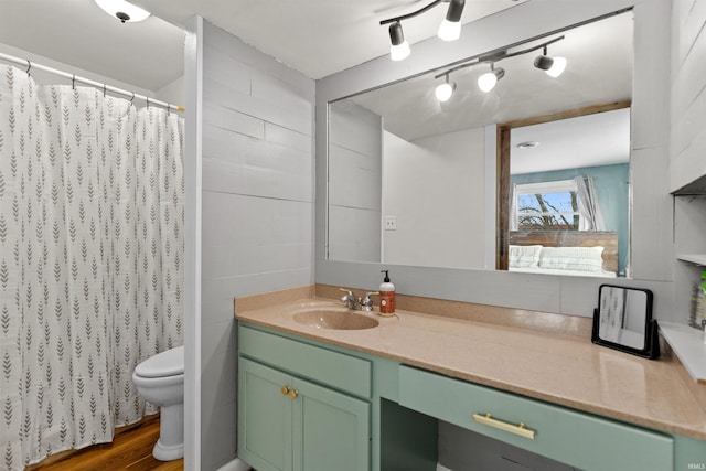 bathroom featuring a shower with curtain, vanity, toilet, and wood finished floors