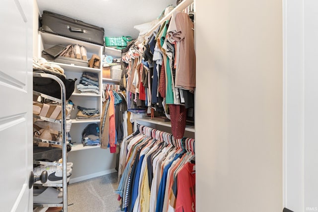 spacious closet featuring light colored carpet