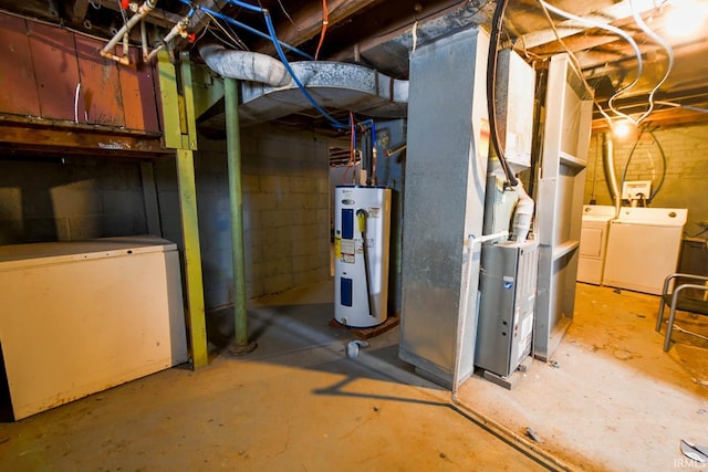 utility room with washing machine and clothes dryer and electric water heater