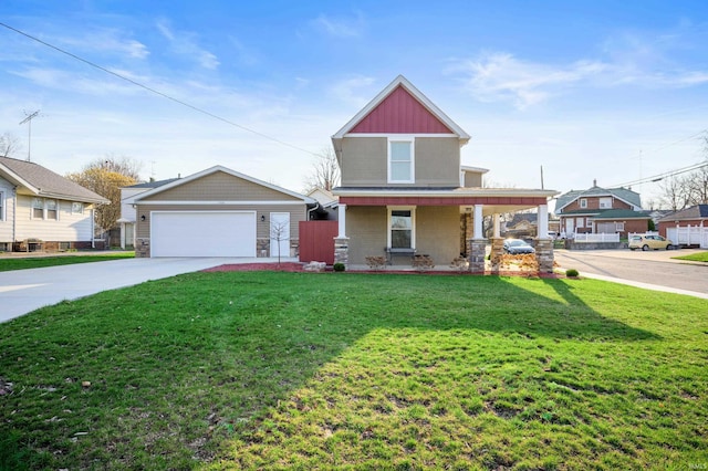 view of front of house featuring covered porch, driveway, a residential view, board and batten siding, and a front yard