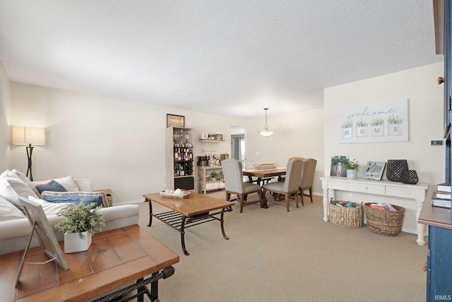 living area featuring carpet floors and a textured ceiling