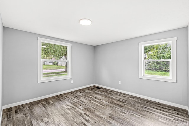 empty room featuring baseboards, a wealth of natural light, and wood finished floors