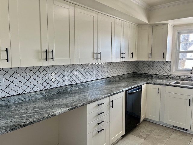 kitchen with visible vents, white cabinetry, backsplash, dishwasher, and crown molding