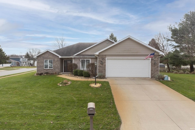 single story home with a garage, driveway, brick siding, and a front lawn