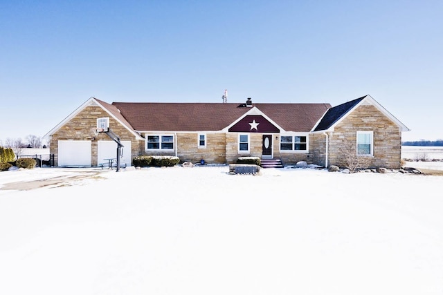 ranch-style house featuring stone siding and a chimney