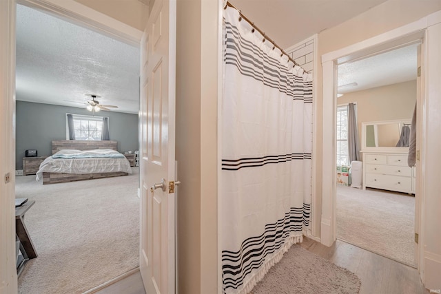 bathroom featuring a ceiling fan, wood finished floors, a textured ceiling, and ensuite bathroom