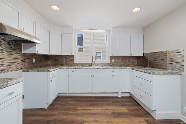 kitchen with under cabinet range hood, decorative backsplash, a sink, and white cabinets