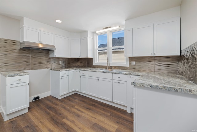 kitchen featuring under cabinet range hood, tasteful backsplash, white cabinetry, and dark wood finished floors