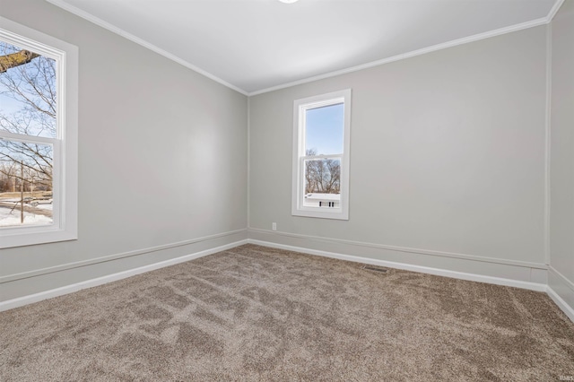 carpeted spare room with baseboards, visible vents, and ornamental molding