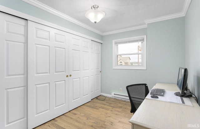 office area featuring light wood finished floors, a baseboard radiator, baseboards, and crown molding