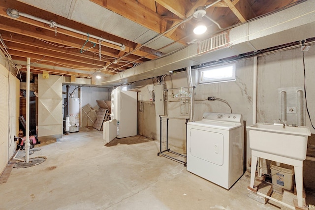 basement featuring washer / dryer, electric panel, visible vents, water heater, and a sink