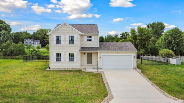 view of front facade with an attached garage, driveway, fence, and a front lawn