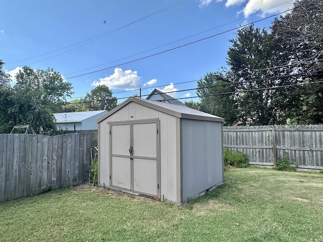 view of shed with a fenced backyard