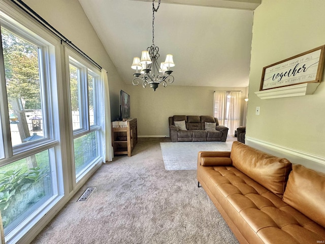 living room with light carpet, visible vents, a wealth of natural light, and lofted ceiling