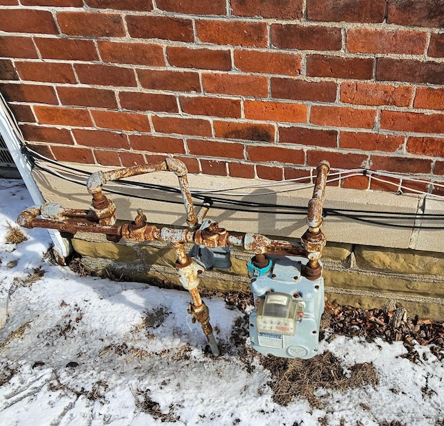 exterior details with gas meter and brick siding